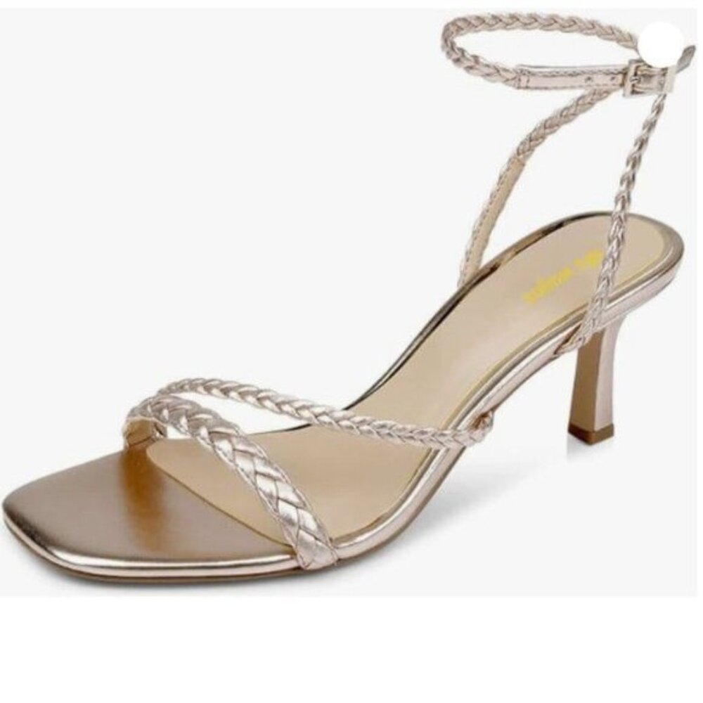 Womens Open Square Toe Braided Strappy Sandals Ankle Strap Buckle Gold High Heel